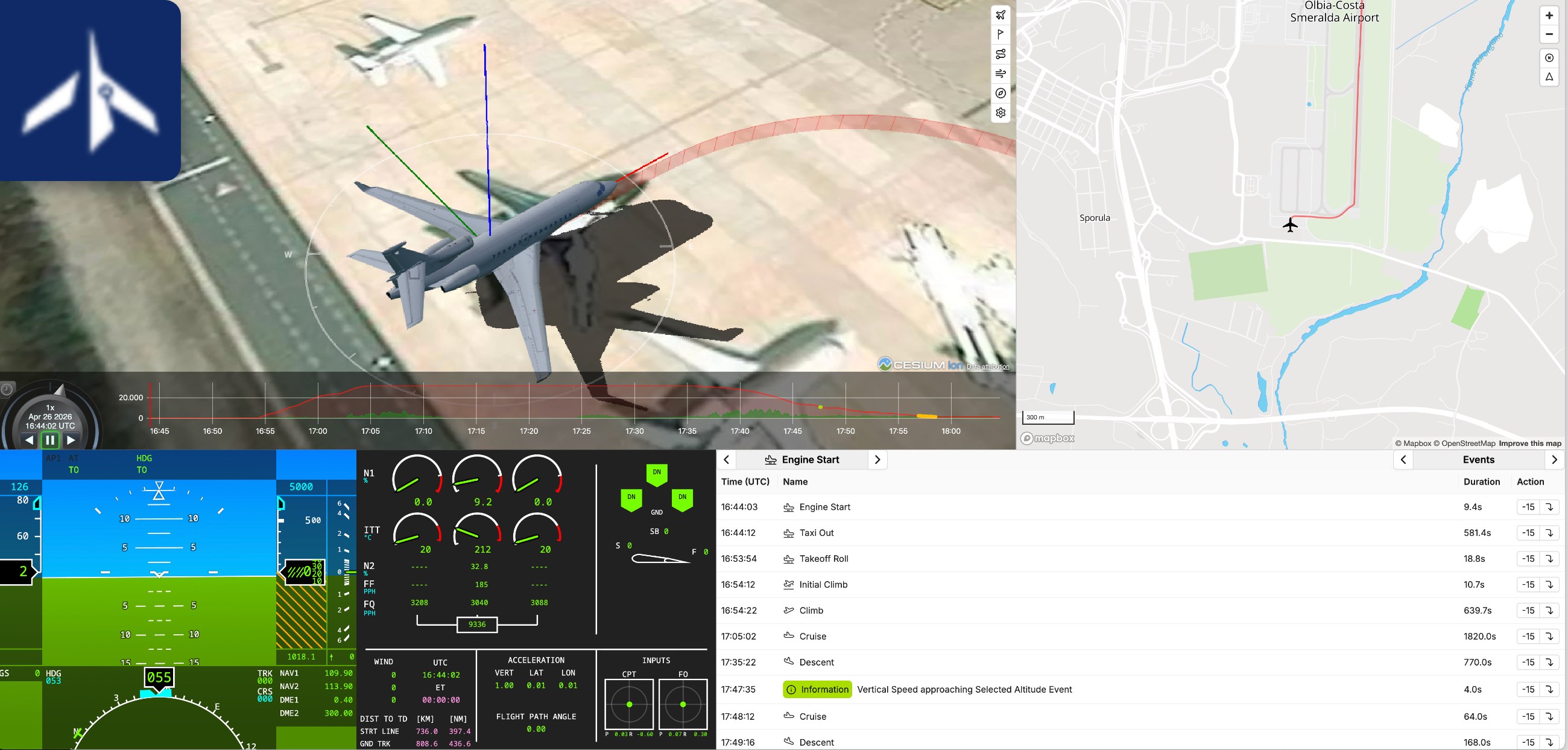 Lentinis flight replay: 3D flight path, primary flight display, engine instruments and event timeline